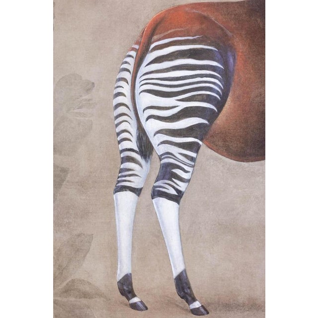 Painted canvas, or decorative panel, depicting an okapi on a gray background. Contemporary work by French artists....