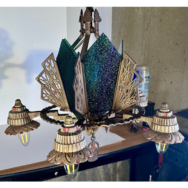 Art Deco 1930s Art Deco Skyscraper Slip Shade Chandelier For Sale - Image 3 of 16