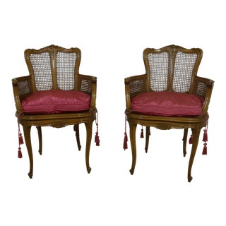 Pair French Louis XV Style Cane Back Carved Armchairs For Sale