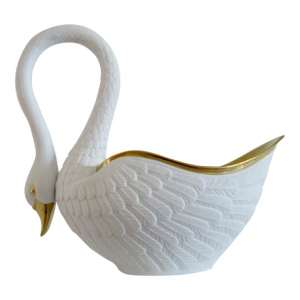 L''Objet (Portugal) Hand-Made Majolica Porcelain Large Swan With Gilded 24k.Gold Accent Center Piece