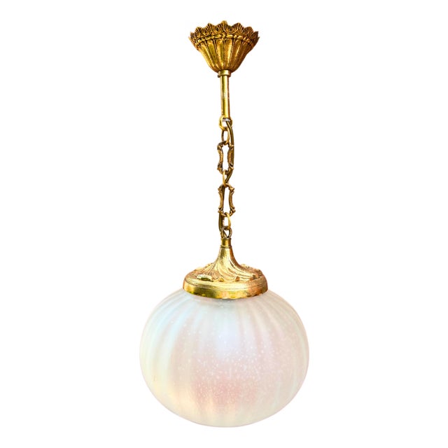 Vintage French Louis XV Revival Gilt Bronze and Frosted Glass Pendant Light, 1950s For Sale