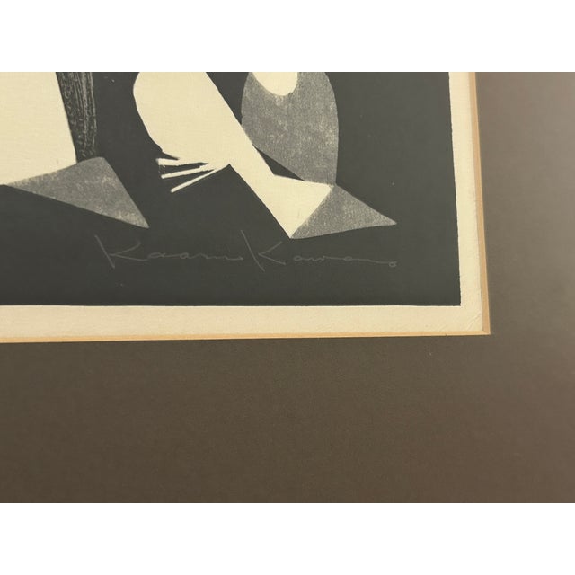 Mid Century Kaoru Kawano "Doves and Girl" Monochrome Woodblock Print - Pencil Cursive Signed For Sale - Image 4 of 13