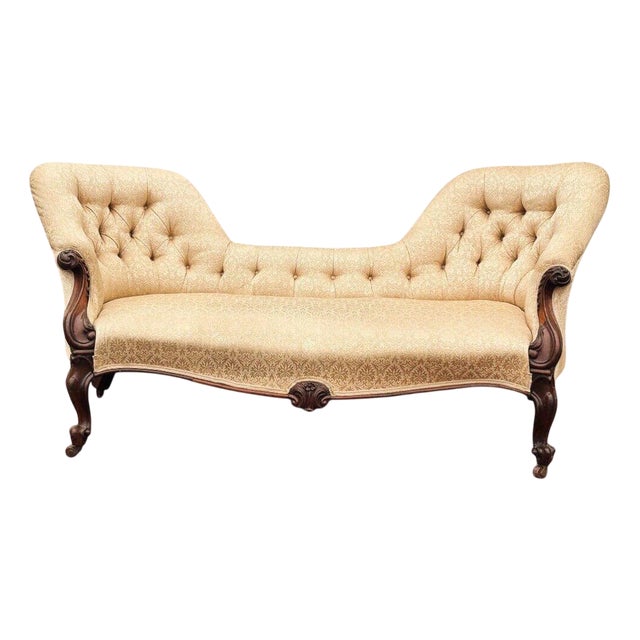 Victorian Sofa with Buttoned Back, Cabriole Legs & Brass Castors For Sale