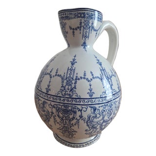 Late 19th Century French Gien Faïence Blue and White Pitcher For Sale