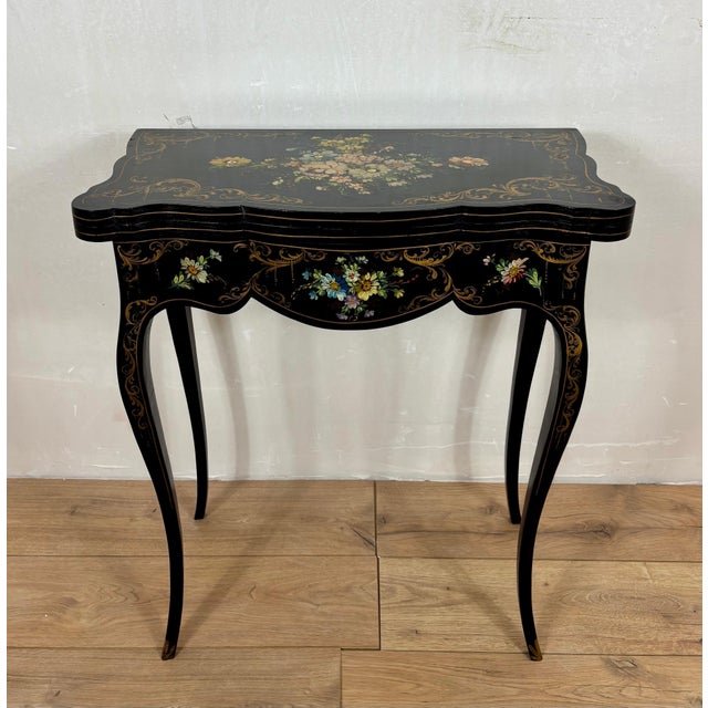 Wood Chinese Black Lacquer Games Table with Hand-Painted Floral Decoration For Sale - Image 7 of 18