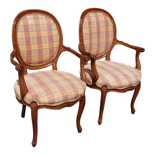 Pair of Vintage Karges French Style Plaid Side Chairs 2of2 For Sale