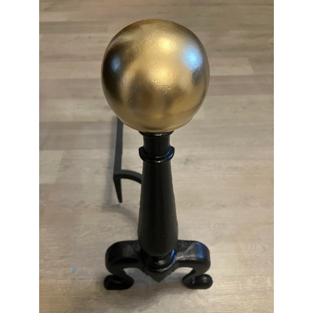 Mid 20th Century Pair of Vintage Cast Iron Andirons With Brass Colored Balls For Sale - Image 5 of 8