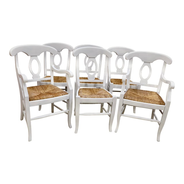 Vintage Pottery Barn White French Provincial Dining Chairs With Rush Seats Made in Italy - Set of 6 For Sale