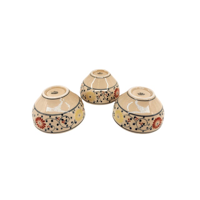 Ceramic Set of 3 Bat Trang Vietnamese Ceramic Multipurpose Bowls Hand Painted in Red Yellow and Blue Floral Motifs For Sale - Image 7 of 9