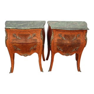 Pair of Vintage French Provincial Louis XVI Green Marble Omolu Nightstands For Sale