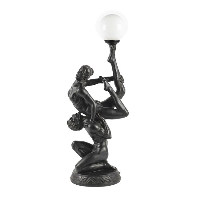 1970s Sculptural Black Figural Table Lamp With Frosted White Globe For Sale