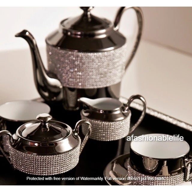 Art Deco Sophie Villepigue, Paris Limoges Platinum Porcelain Swarovski Paved Tea Pot Creamer Sugar & Cups + Tray 12 Pieces For Sale - Image 3 of 17