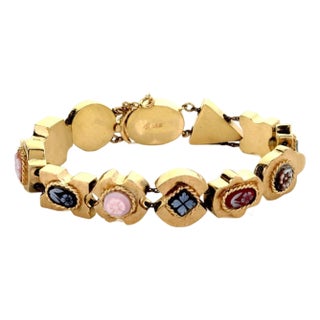 Multicolor 14k Yellow Gold Multicolor Gems Floral Cameo 11 Slide Charms Bracelet For Sale