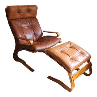 1960s Vintage Norwegian Leather Highback Lounge Chair and Ottoman For Sale