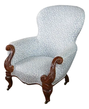 Antique Victorian Carved Walnut Spoon-Back Blue Floral Salon Armchair C. 1880s