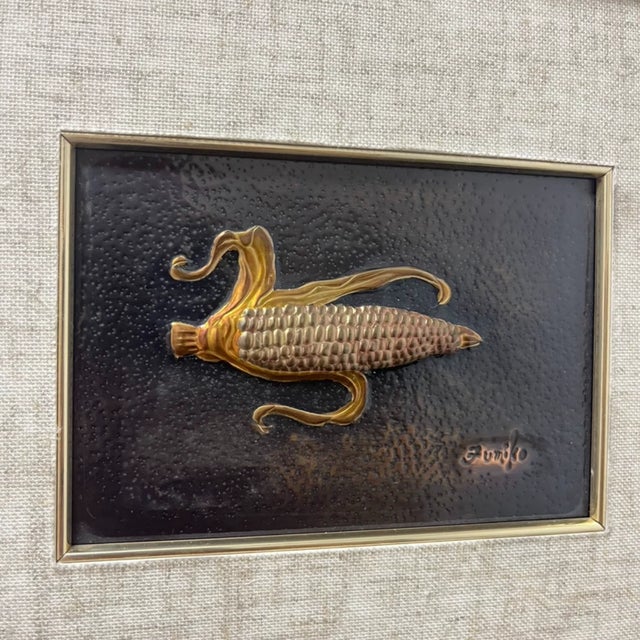 Japanese Japanese Gold-Tone Corn Relief Wall Art in Wood Frame For Sale - Image 3 of 6