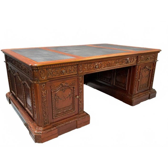 Solid Mahogany Wood Hand Carved Office Executive Large Resolute/President Desk For Sale - Image 4 of 12