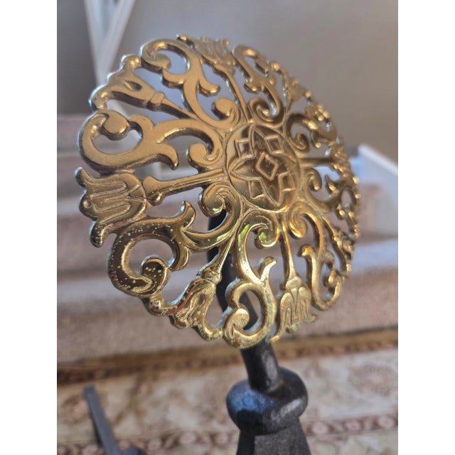 English Vintage Virginia Metal-Crafters Iron With Brass Medallions Andirons - A Pair For Sale - Image 3 of 9