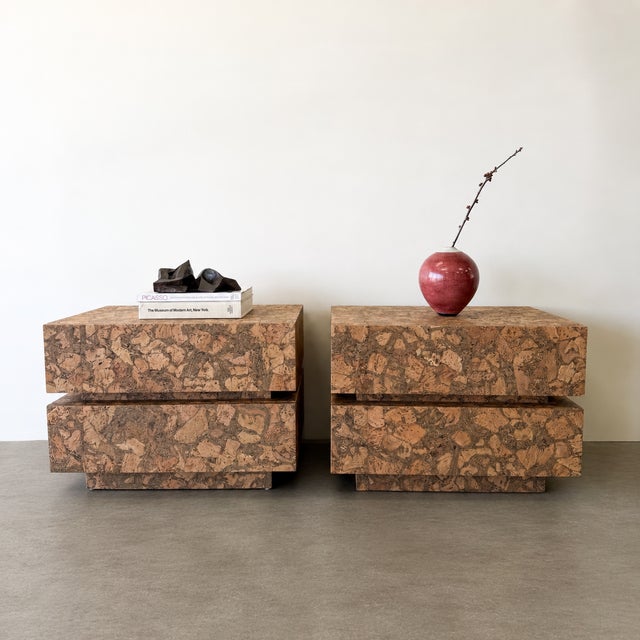 Vintage 1970s Mid-Century Modern cork nightstands featuring clean architectural lines and a beautifully figured natural...