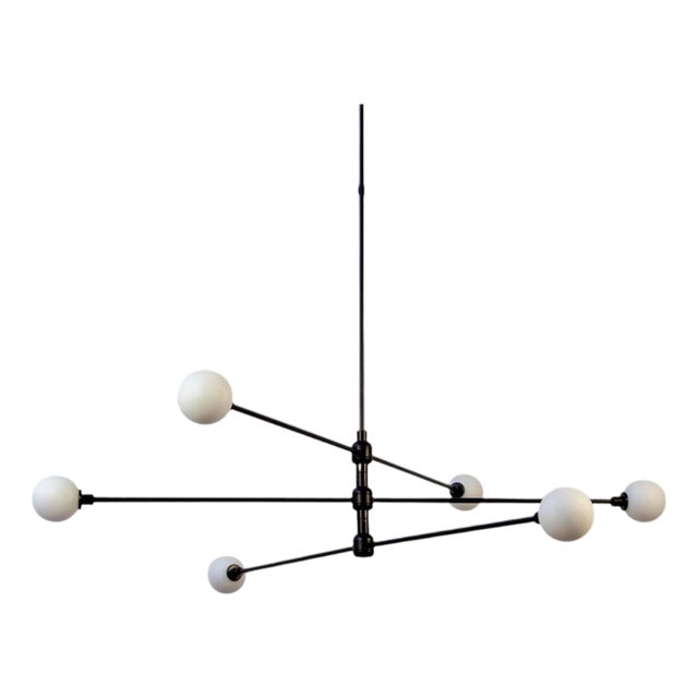 Three Tier Chandelier, Black, 51.5in H, 3 Inch Glass Globes, by Research.Lighting, Modern, Minimal Hanging Light For Sale