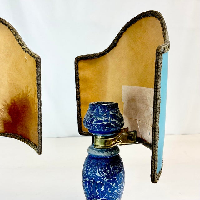 Wood Late 1800s Antique French Art Nouveau Candle Holders With Painted Shades - A Pair. For Sale - Image 7 of 12