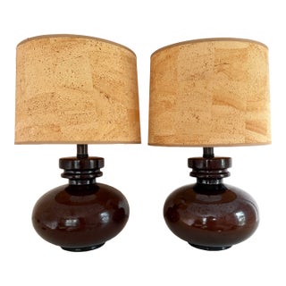 Mid 20th Century Brown Ceramic Table Lamps With Vintage Cork Shades, a Pair For Sale
