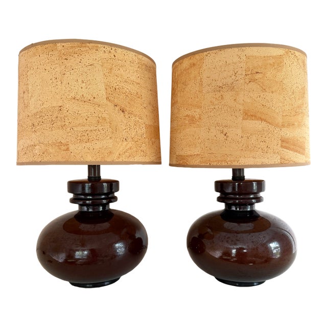 Mid 20th Century Brown Ceramic Table Lamps With Vintage Cork Shades, a Pair For Sale
