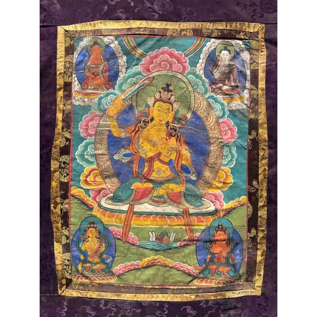 Wood Antique 19th Century Tibetan Manjushri Thangka – Bodhisattva of Wisdom in Custom Silver Gilt Frame For Sale - Image 7 of 18