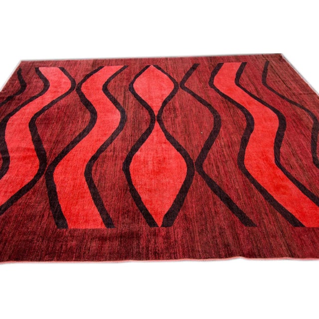 2010s Contemporary Indian Overdyed Handmade Ruby Red Geometric Wool Rug For Sale - Image 5 of 8
