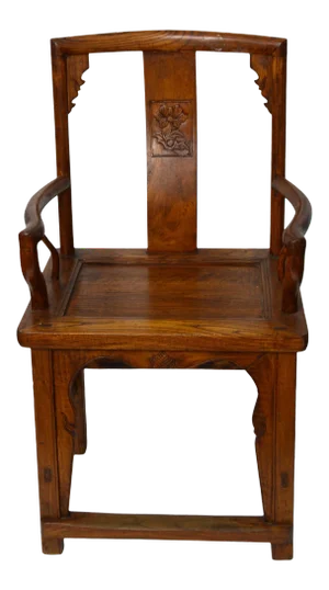 Chinese 19th Century Armchair with Open Arms and Hand-Carved Floral Motifs