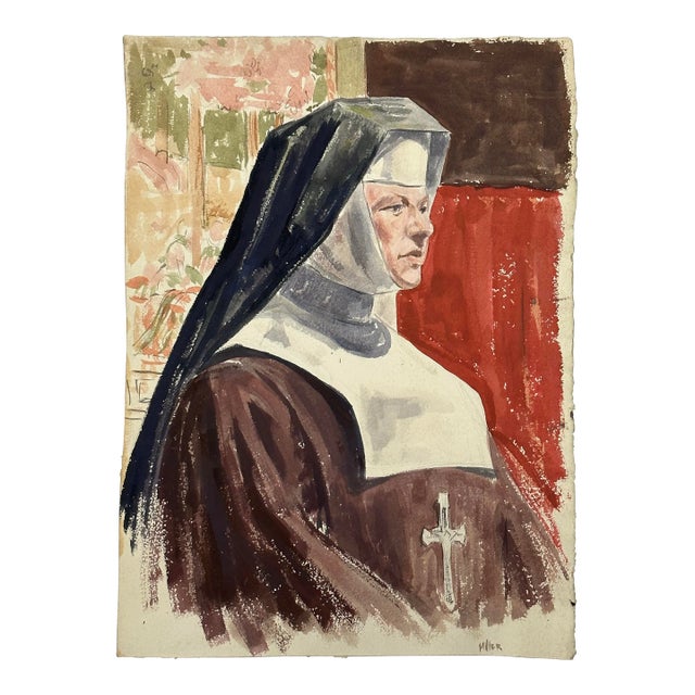 Vintage Expressionist Portrait of a Nun by Marlene Miller, Signed (C. 1950, Watercolor on Paper) For Sale