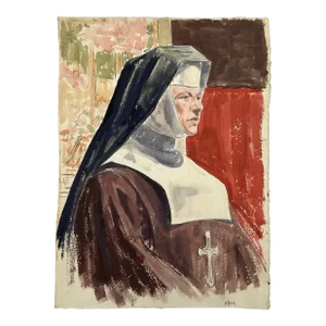 Vintage Expressionist Portrait of a Nun by Marlene Miller, Signed (C. 1950, Watercolor on Paper)