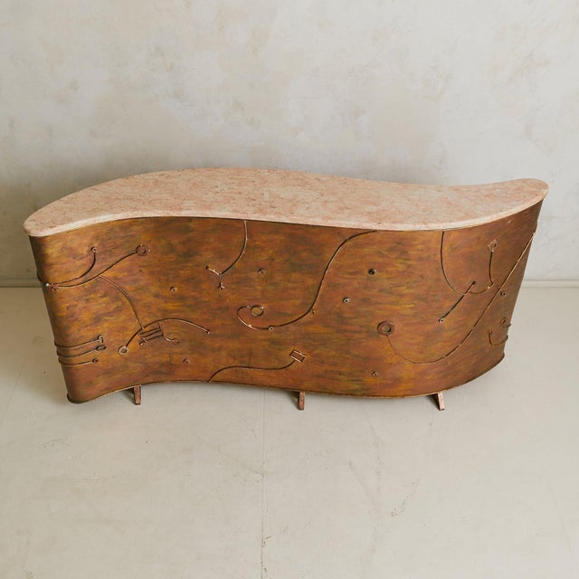 Mid 20th Century Vintage Custom Italian Metal Bar Cabinet with Blush Marble Top For Sale - Image 5 of 18