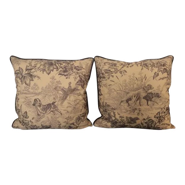 Brunschwig & Fils Hunting Toile Dogs in Tobacco & Cream Pillows - a Pair For Sale