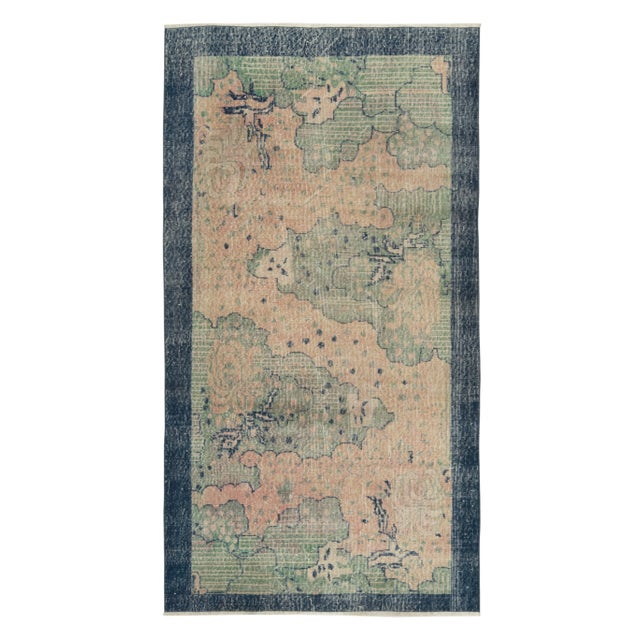 1960s Hand-Knotted Vintage Distressed Deco Rug in Blue, Cream Floral Pattern For Sale In New York - Image 6 of 6