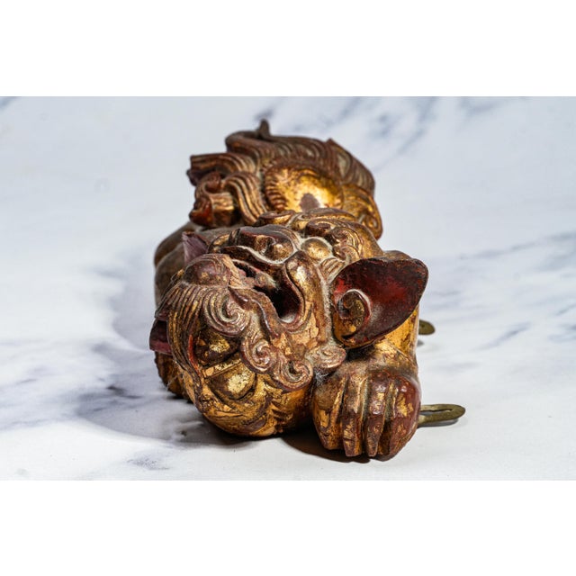19th Century Hand Carved Antique Chinese Guardian Lion Wall Plaque Gilt Foo Dog Sculpture Asian Home Decor For Sale - Image 5 of 17