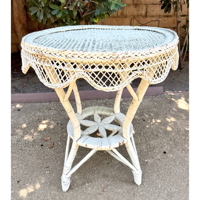 Vintage White Wicker and Rattan Side Table With Scalloped Skirt For Sale - Image 14 of 15