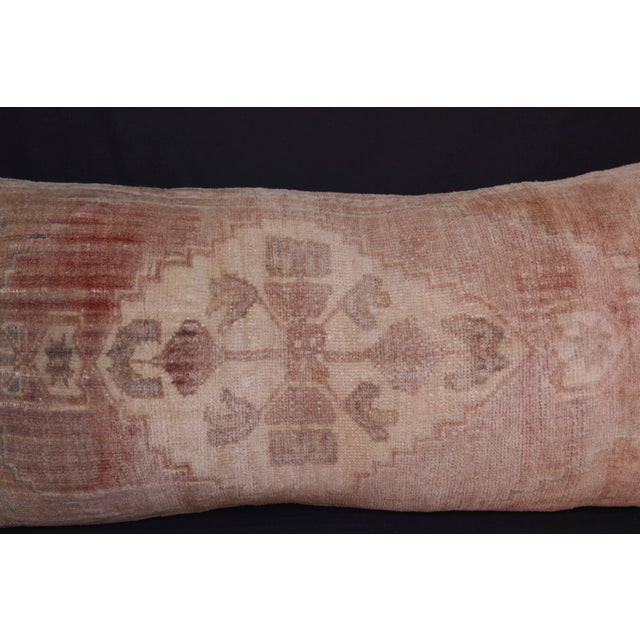 Faded Oushak Rug Pillow – Vintage Turkish Handwoven Lumbar Cushion -17'' X 37'' For Sale In Tampa - Image 6 of 13