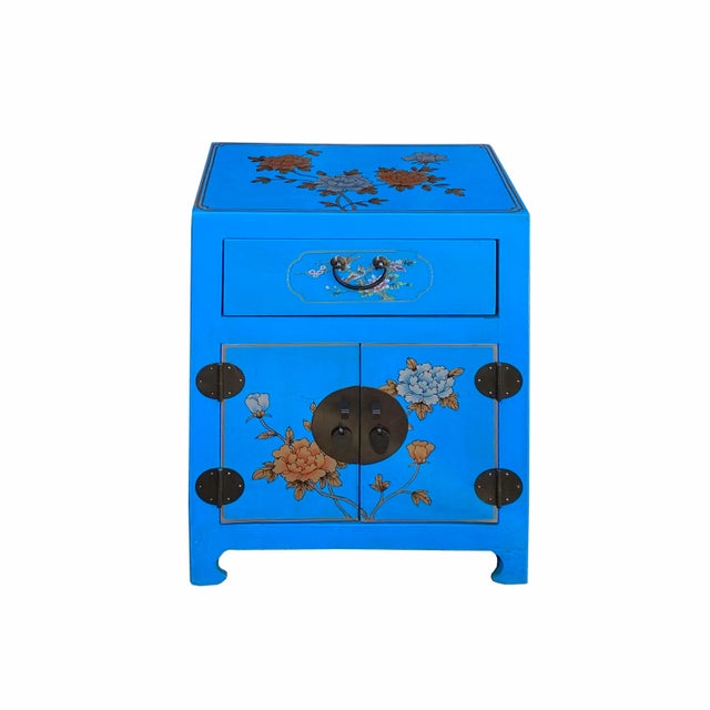 2020s Chinese Bright Blue Vinyl Moon Face Flower Birds End Table Nightstand For Sale - Image 5 of 6