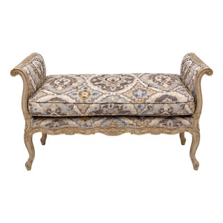 1950s French Provincial Style Gray Carved and Painted Bench W/ Down Cushion For Sale