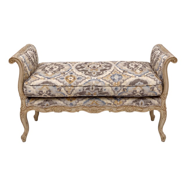 1950s French Provincial Style Gray Carved and Painted Bench W/ Down Cushion For Sale