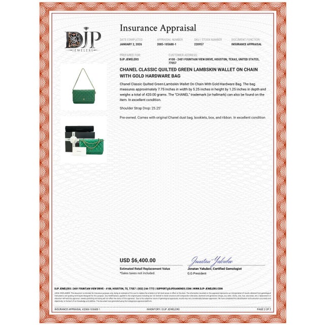 Chanel Classic Quilted Green Lambskin Wallet on Chain With Gold Hardware Bag For Sale - Image 16 of 16