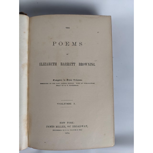 Brown Antique 1874 Elizabeth Barrett Browning Poems – Complete 3-Volume Leather-Bound Set For Sale - Image 8 of 18