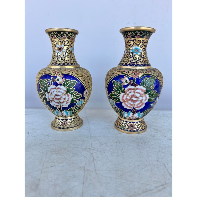 Late 20th Century Chinese Cloisonne Over Brass Enamel Vase With Floral Pattern - a Pair For Sale - Image 4 of 7