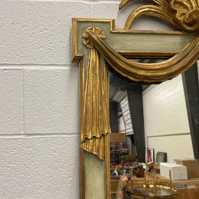 Hollywood Regency Vintage Italian Hollywood Regency Mirror With Large Carved Gilt Shell and Verdigris Frame For Sale - Image 3 of 7