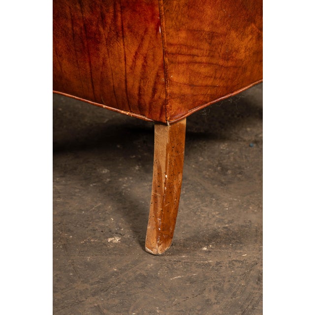 Mid 20th Century Tufted Leather Wingback Armchair in Burnt Amber For Sale - Image 16 of 17