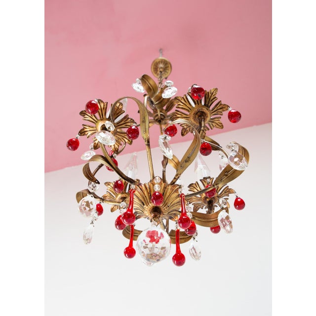 Small Italian Chandelier in Gilt Metal with Leaves and Red Drops, 1960s For Sale - Image 6 of 8