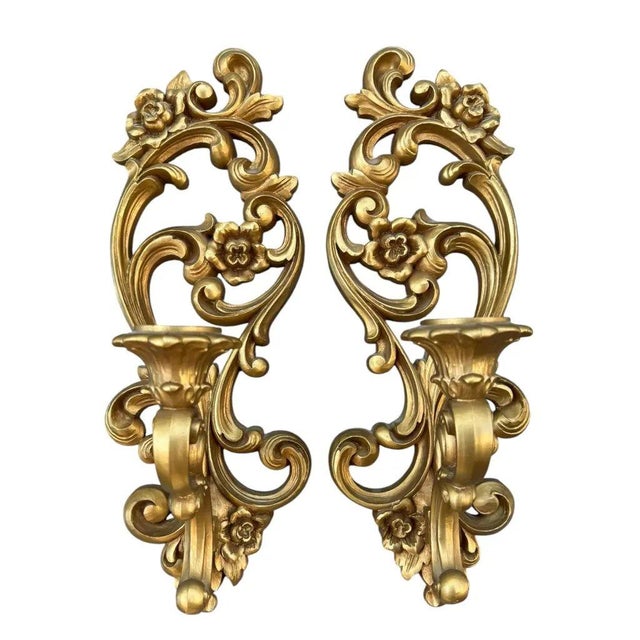 Hollywood Regency Vintage 1971 Homco #4138 Gold Rococo Floral Candle Sconces, Pair | Hollywood Regency For Sale - Image 3 of 6