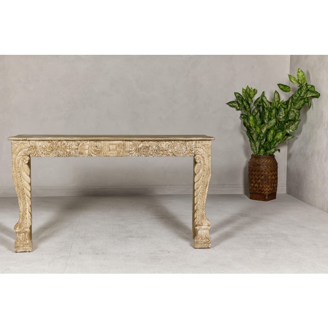 Mughal Style Painted Console Table with Foliage Carved Apron and Legs For Sale - Image 9 of 12