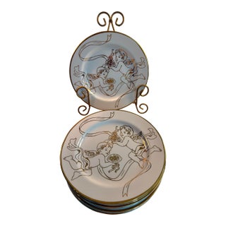 Vintage Sakura Gold Cherubs Ivory Porcelain Small Plates Set of 8 For Sale